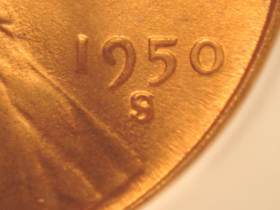 1950-S-Lincoln-Wheat-Cent,-Die-Gouge-On-Reverse-&-A-Possible-S/S?
